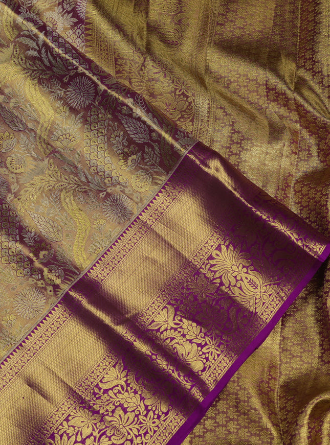 Pure kanchipuram tissue silk saree dual shade of purple with allover zari woven brocade weaves and zari woven border