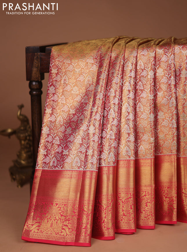 Pure kanchipuram tissue silk saree dual shade of gold and pink with allover zari woven brocade weaves and zari woven border
