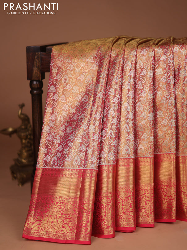 Pure kanchipuram tissue silk saree dual shade of gold and pink with allover zari woven brocade weaves and zari woven border
