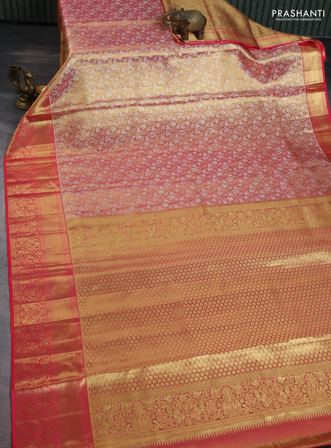 Pure kanchipuram tissue silk saree dual shade of gold and pink with allover zari woven brocade weaves and zari woven border