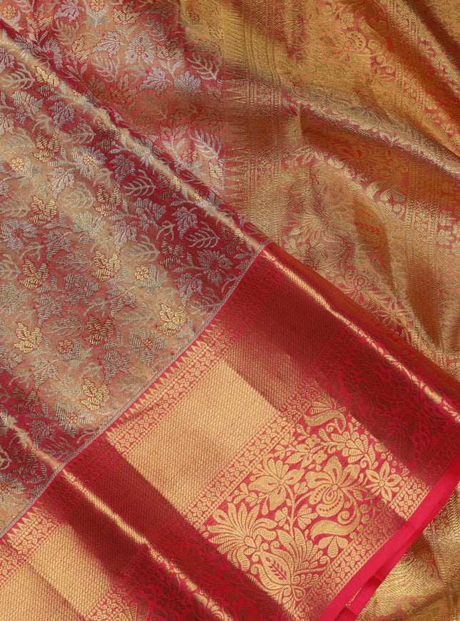 Pure kanchipuram tissue silk saree dual shade of gold and pink with allover zari woven brocade weaves and zari woven border