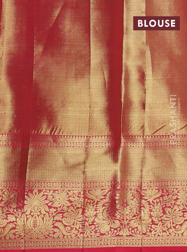 Pure kanchipuram tissue silk saree dual shade of gold and pink with allover zari woven brocade weaves and zari woven border