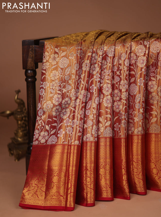 Pure kanchipuram tissue silk saree red with allover zari woven brocade weaves and zari woven border