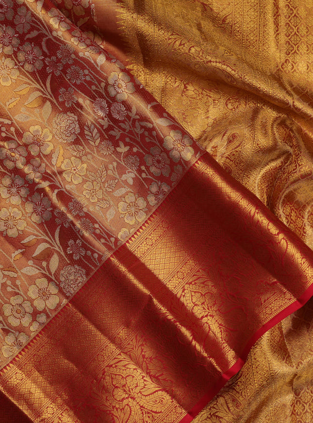 Pure kanchipuram tissue silk saree red with allover zari woven brocade weaves and zari woven border