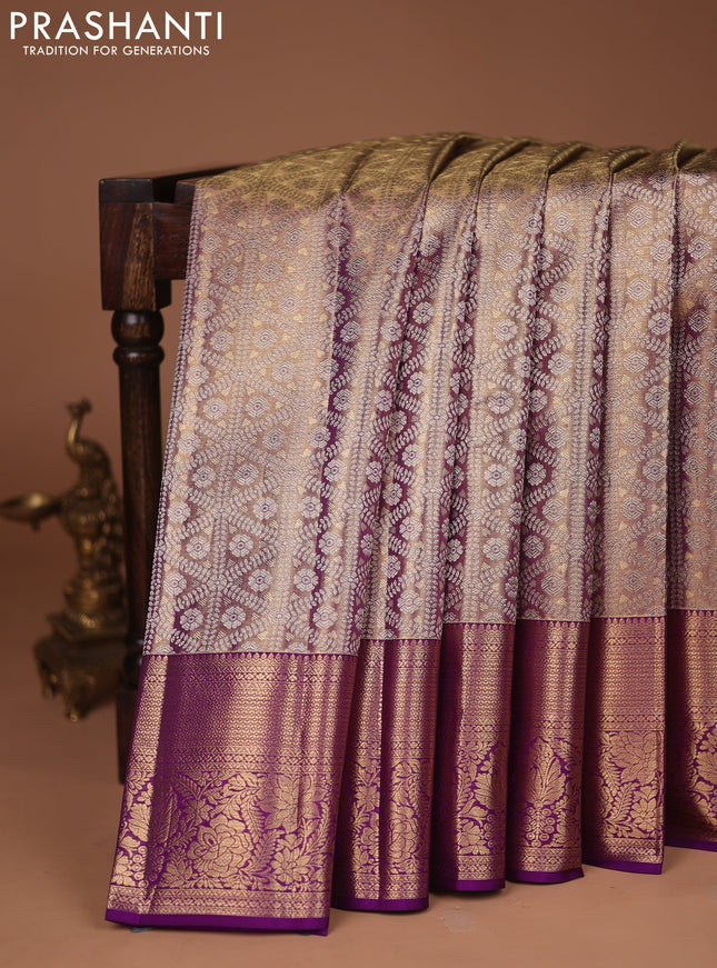 Pure kanchipuram tissue silk saree dual shade of gold and purple with allover zari woven brocade weaves and zari woven border