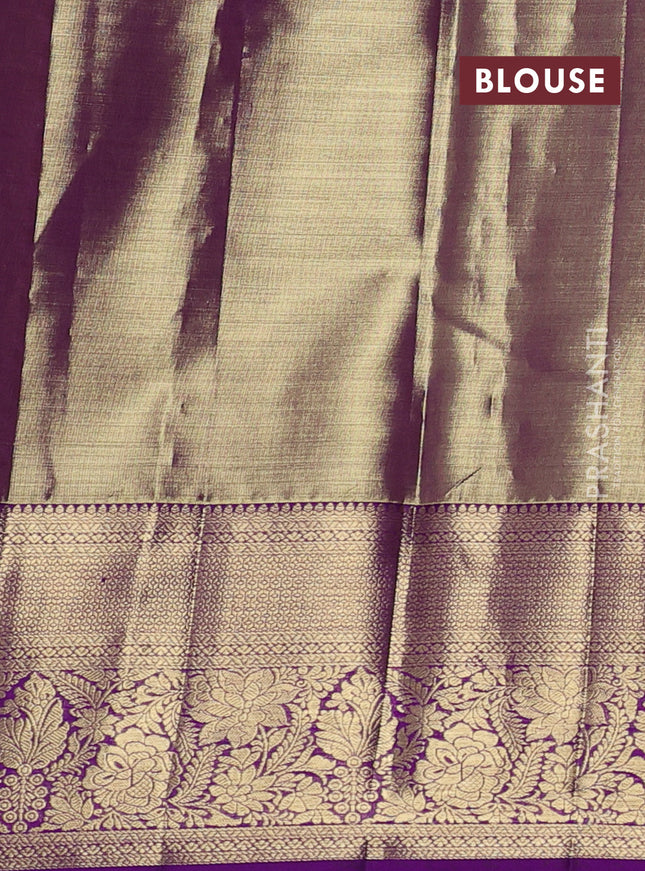 Pure kanchipuram tissue silk saree dual shade of gold and purple with allover zari woven brocade weaves and zari woven border