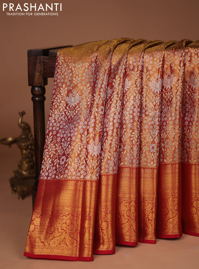 Pure kanchipuram tissue silk saree red with allover zari woven brocade weaves and zari woven border