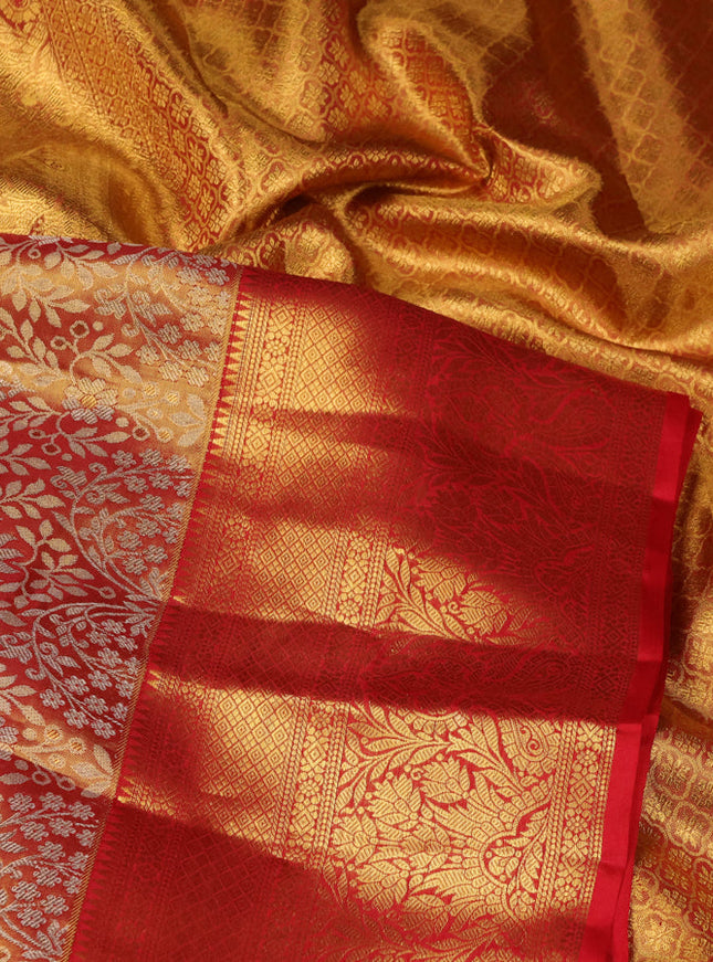 Pure kanchipuram tissue silk saree red with allover zari woven brocade weaves and zari woven border