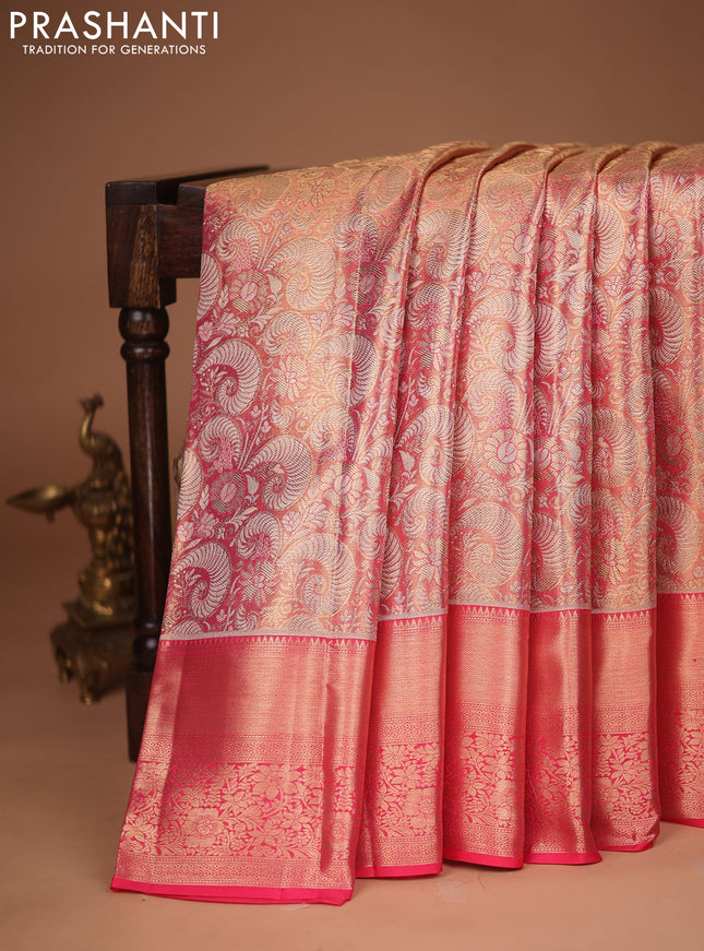 Pure kanchipuram tissue silk saree peach pink with allover zari woven brocade weaves and zari woven border
