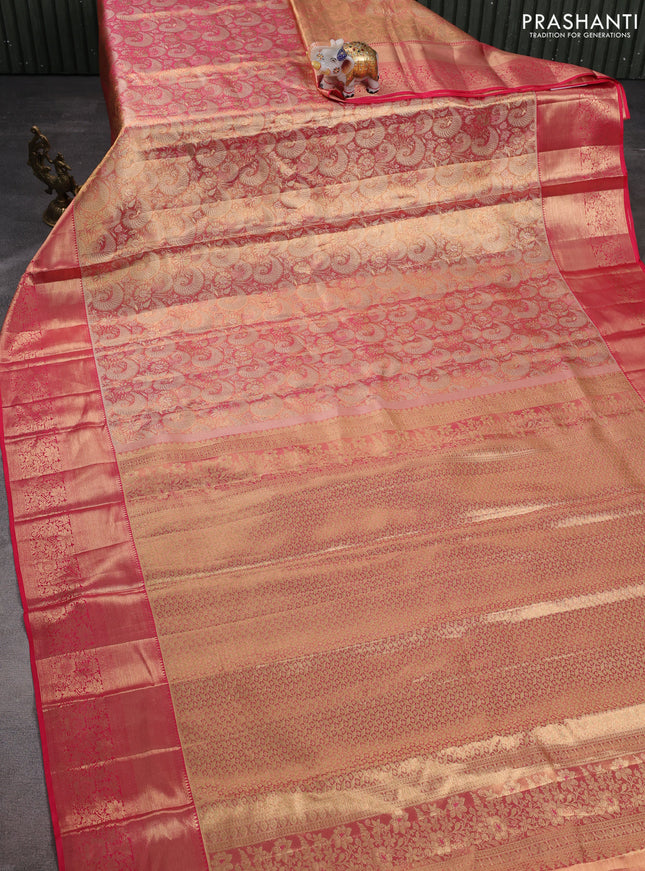 Pure kanchipuram tissue silk saree peach pink with allover zari woven brocade weaves and zari woven border