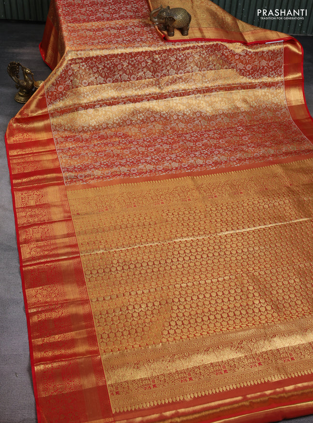 Pure kanchipuram tissue silk saree red with allover zari woven brocade weaves and zari woven border