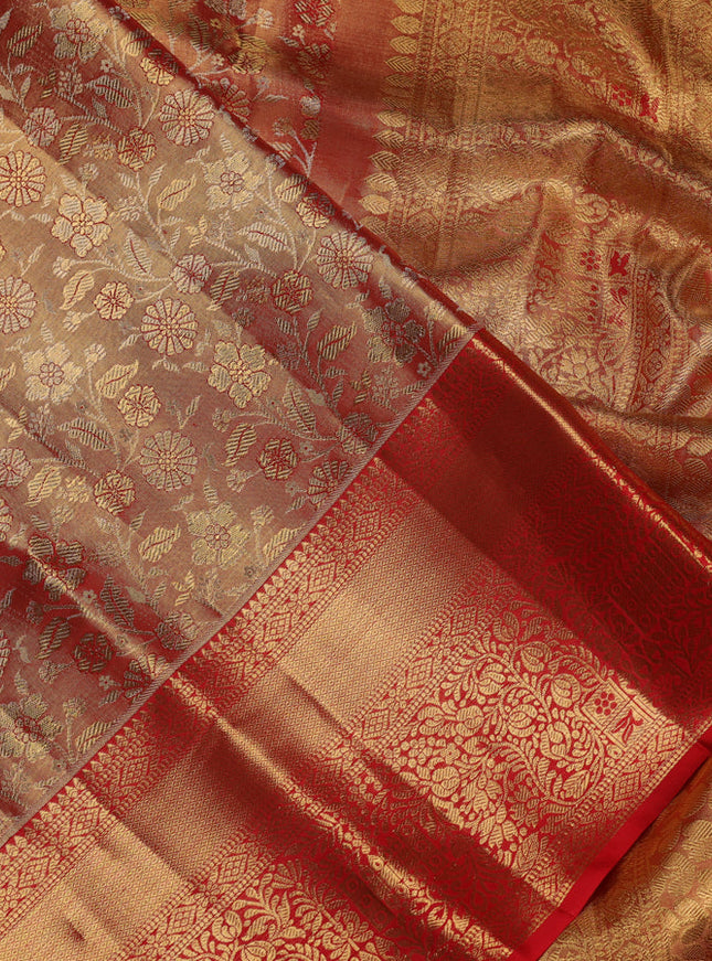 Pure kanchipuram tissue silk saree red with allover zari woven brocade weaves and zari woven border