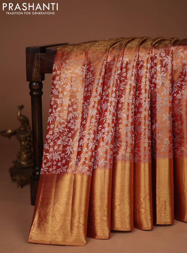 Pure kanchipuram tissue silk saree orange with allover zari woven brocade weaves and zari woven border