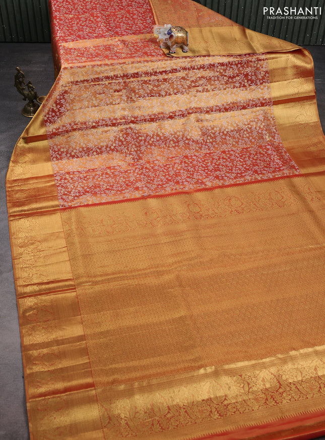Pure kanchipuram tissue silk saree orange with allover zari woven brocade weaves and zari woven border