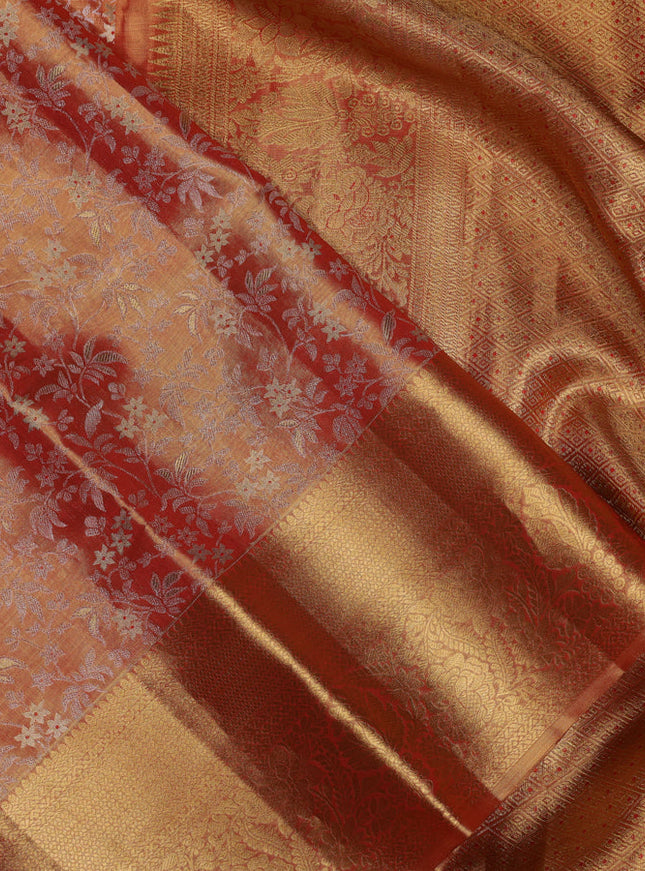 Pure kanchipuram tissue silk saree orange with allover zari woven brocade weaves and zari woven border