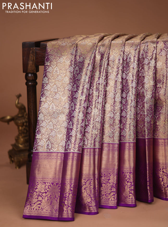 Pure kanchipuram tissue silk saree dual shade of purple with allover zari woven brocade weaves and zari woven border