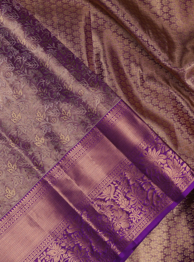 Pure kanchipuram tissue silk saree dual shade of purple with allover zari woven brocade weaves and zari woven border