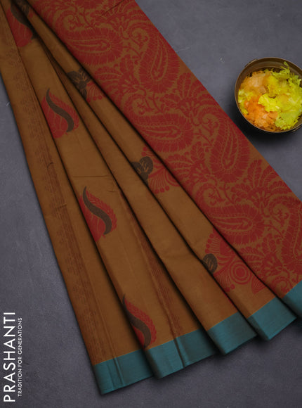 Nithyam cotton saree dark mustard and teal green with thread woven buttas and simple border