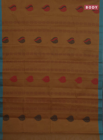 Nithyam cotton saree dark mustard and teal green with thread woven buttas and simple border
