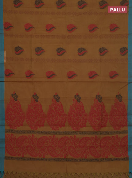 Nithyam cotton saree dark mustard and teal green with thread woven buttas and simple border