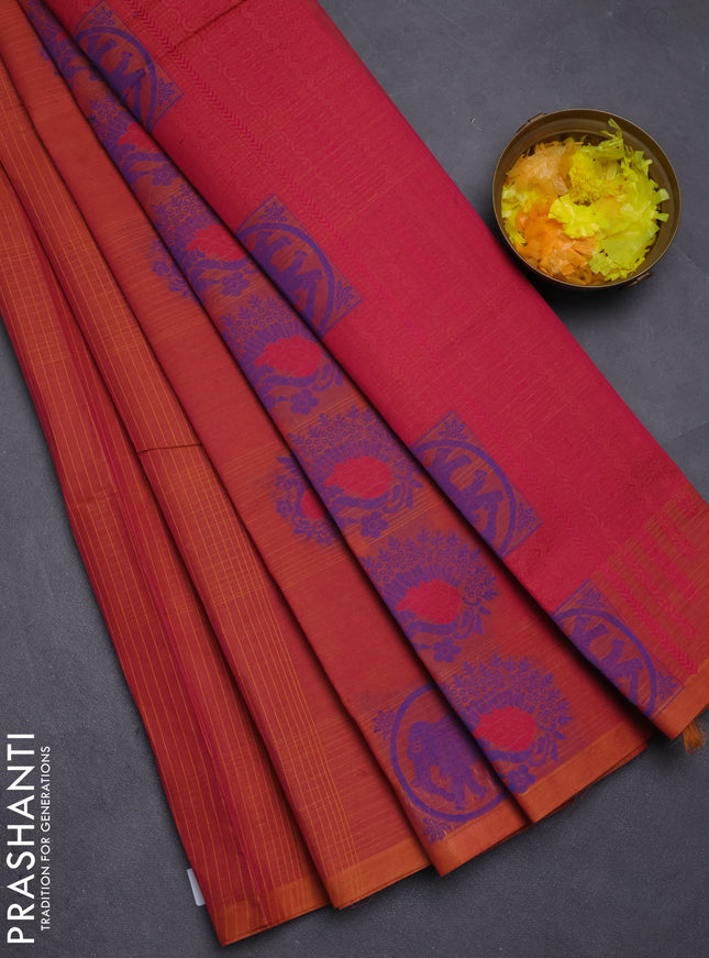 Nithyam cotton saree pinkish orange with allover thread checks pattern & buttas in borderless style