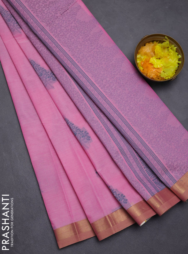 Nithyam cotton saree pink with thread woven buttas and zari woven border