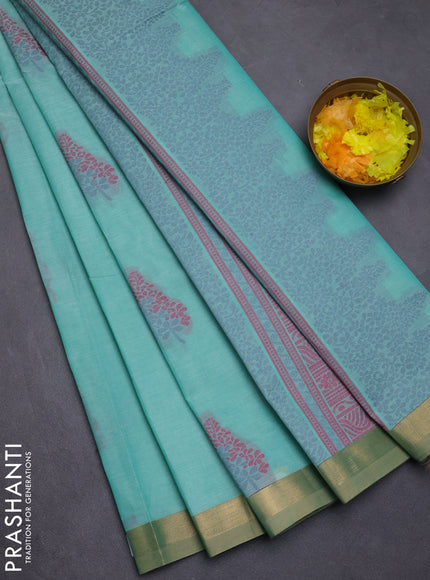 Nithyam cotton saree teal green with thread woven buttas and zari woven border