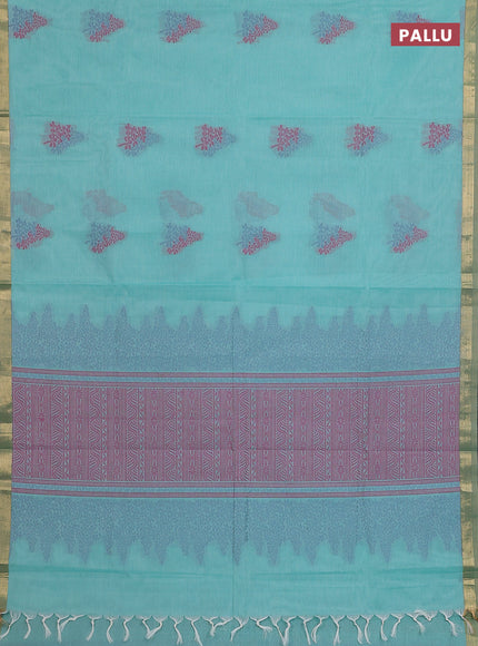 Nithyam cotton saree teal green with thread woven buttas and zari woven border