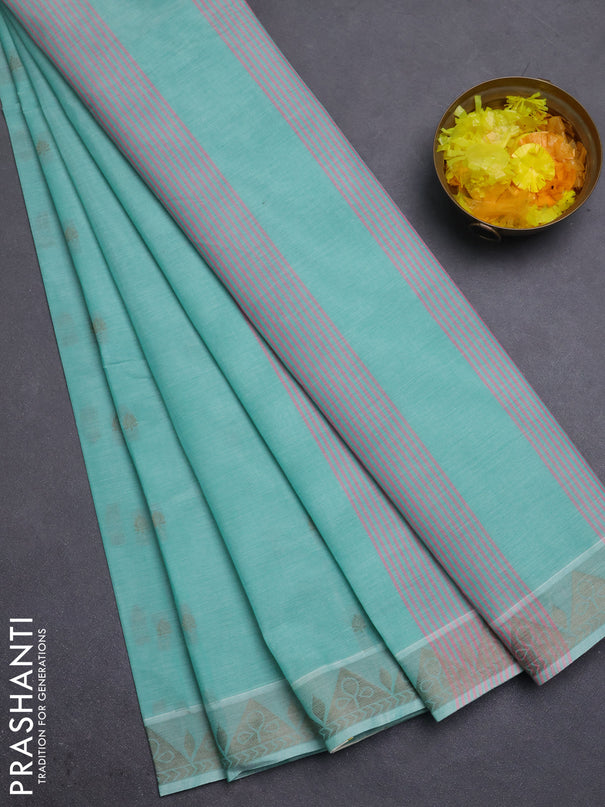 Nithyam cotton saree teal green with thread woven buttas and thread woven border