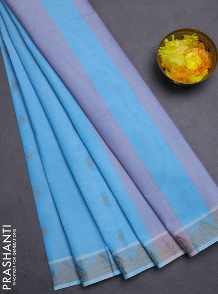 Nithyam cotton saree teal blue with thread woven buttas and thread woven border