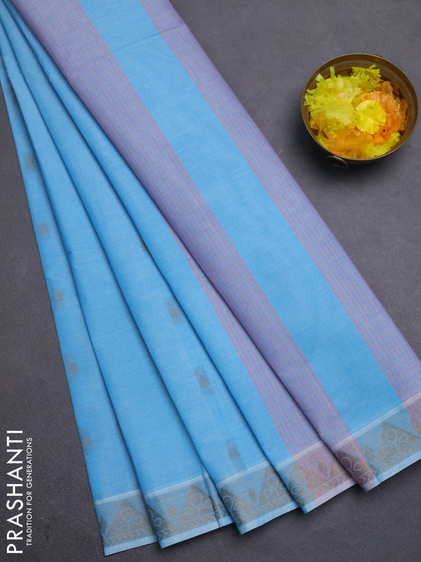 Nithyam cotton saree teal blue with thread woven buttas and thread woven border