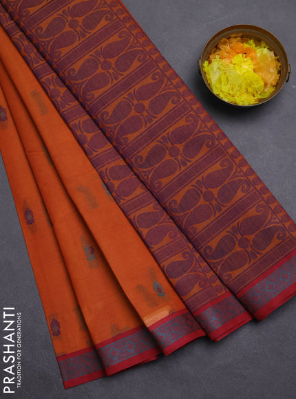 Nithyam cotton saree rust shade and maroon with thread woven buttas and thread woven border