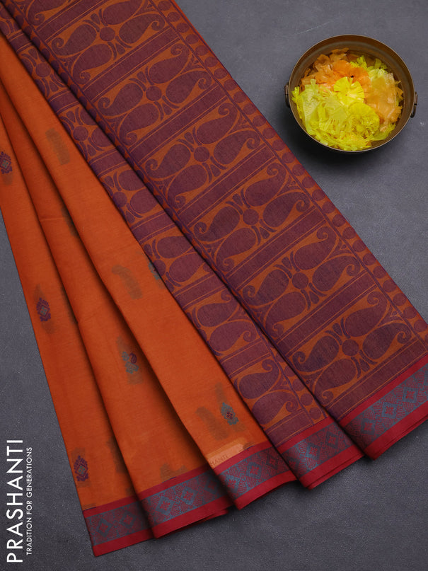Nithyam cotton saree rust shade and maroon with thread woven buttas and thread woven border