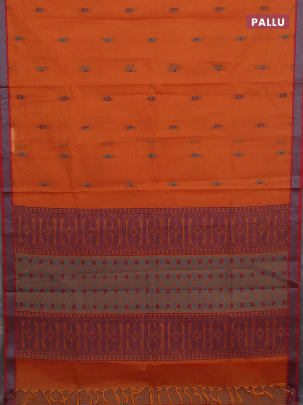 Nithyam cotton saree rust shade and maroon with thread woven buttas and thread woven border