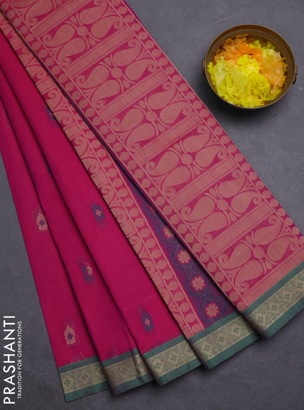 Nithyam cotton saree magenta pink and green with thread woven buttas and thread woven border
