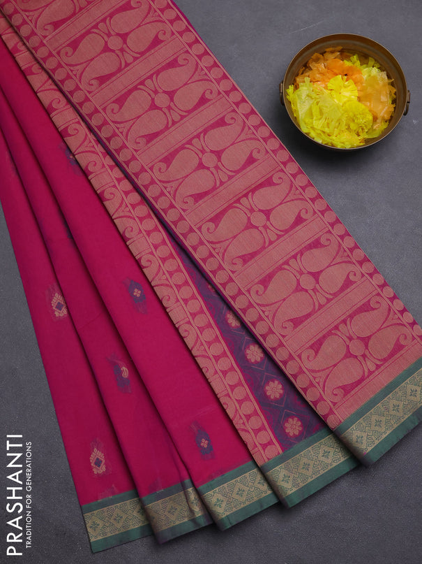 Nithyam cotton saree magenta pink and green with thread woven buttas and thread woven border