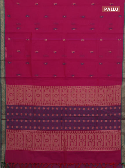 Nithyam cotton saree magenta pink and green with thread woven buttas and thread woven border