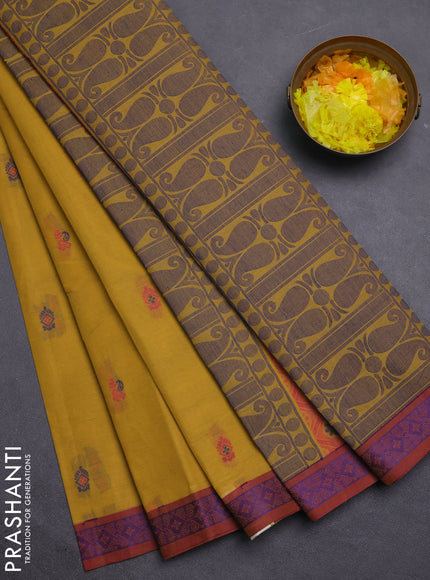 Nithyam cotton saree yellow and maroon with thread woven buttas and thread woven border