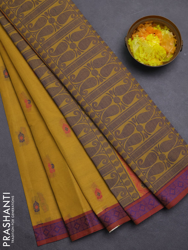 Nithyam cotton saree yellow and maroon with thread woven buttas and thread woven border