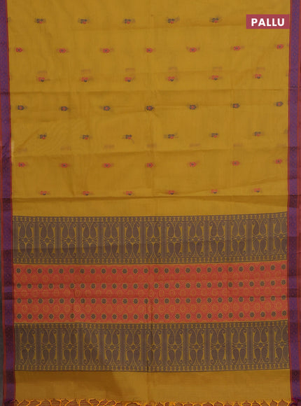 Nithyam cotton saree yellow and maroon with thread woven buttas and thread woven border