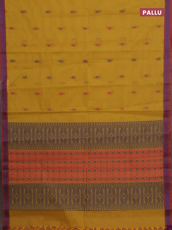 Nithyam cotton saree yellow and maroon with thread woven buttas and thread woven border