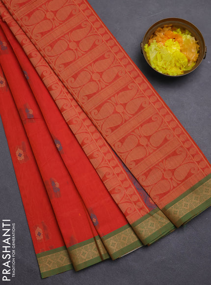 Nithyam cotton saree orange and green with thread woven buttas and thread woven border