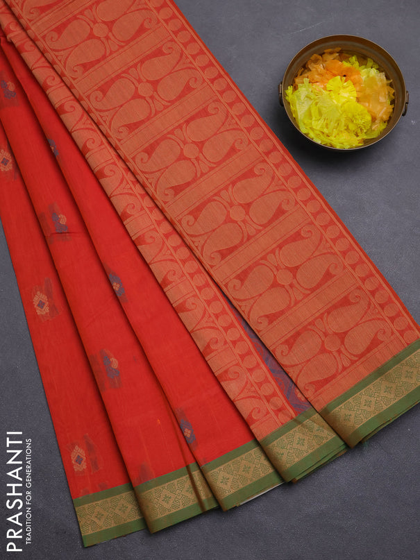 Nithyam cotton saree orange and green with thread woven buttas and thread woven border