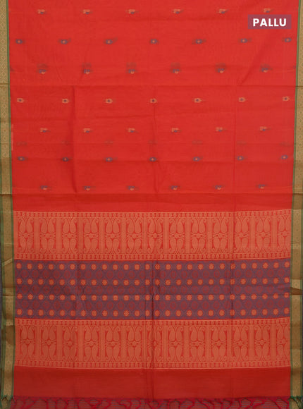 Nithyam cotton saree orange and green with thread woven buttas and thread woven border