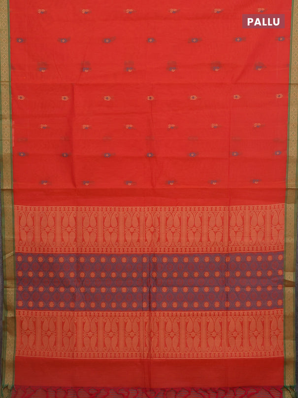 Nithyam cotton saree orange and green with thread woven buttas and thread woven border