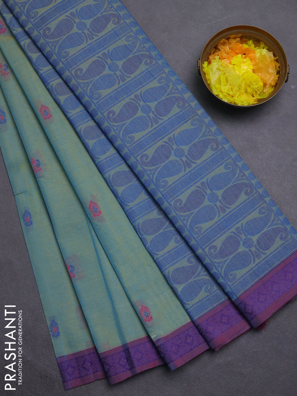 Nithyam cotton saree dual shade of bluish yellow and dual shade of maroon with thread woven buttas and thread woven border