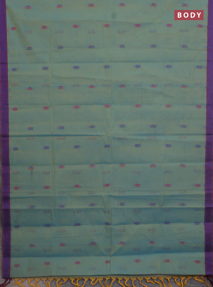 Nithyam cotton saree dual shade of bluish yellow and dual shade of maroon with thread woven buttas and thread woven border