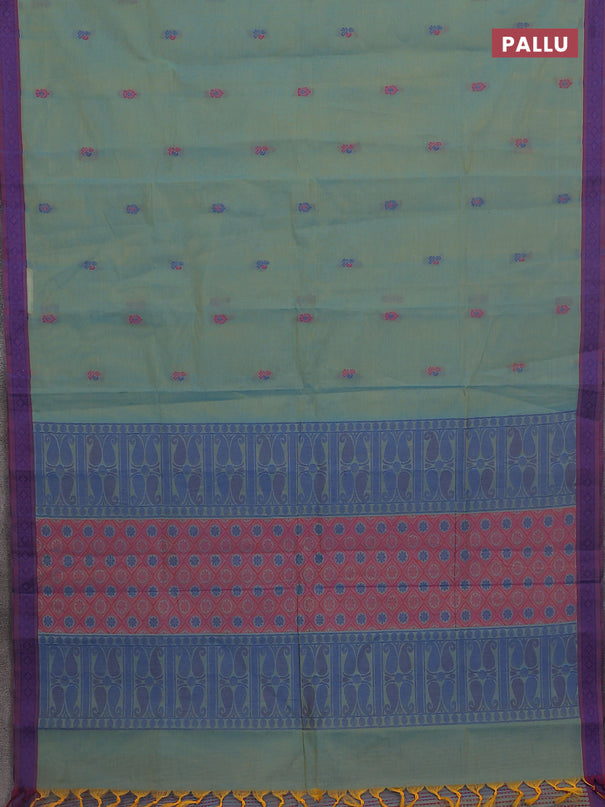 Nithyam cotton saree dual shade of bluish yellow and dual shade of maroon with thread woven buttas and thread woven border