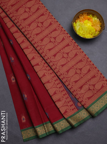 Nithyam cotton saree deep maroon and green with thread woven buttas and thread woven border