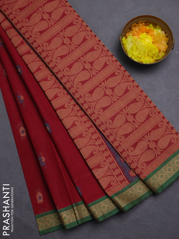 Nithyam cotton saree deep maroon and green with thread woven buttas and thread woven border